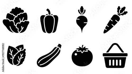 set of black and white hand drawn vegetable icons with shopping basket illustration