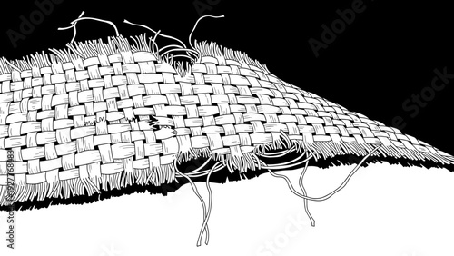 close up of torn woven fabric texture in black and white hand drawn style