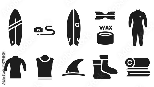 set of black silhouette surfboard gear icons including wetsuit fins wax and boots in flat style