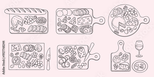 Charcuterie board illustration, culinary artwork, cheese meats, crackers bread, fruits grapes, herbs garnish, wine pairing, festive motif, gourmet design, flat vector illustration