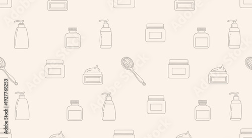 Seamless outline pattern of beauty and skincare products on a pale beige background.