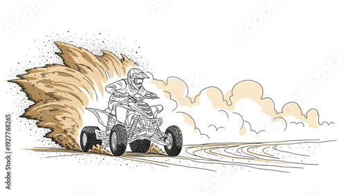 quad bike rider on dirt track kicking up dust hand drawn illustration