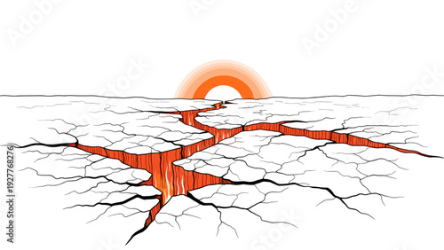 cracked dry earth ground with glowing lava fissures and setting sun hand drawn illustration