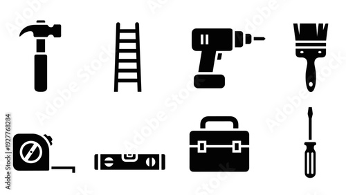 set of black silhouette construction and repair tools icons in simple flat style