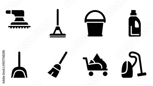 set of cleaning supplies icons in black silhouette style including scrubber mop bucket detergent vacuum and broom