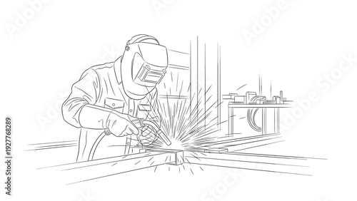 worker welding metal structure hand drawn line art industrial workshop illustration