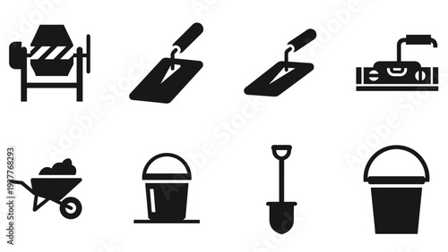 construction tools icon set including concrete mixer shovel wheelbarrow bucket and trowel in black silhouette style