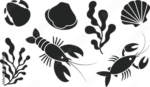 Set of black silhouette seafood illustrations: lobster, clam, seashell, and kelp, ideal for culinary or nautical designs.