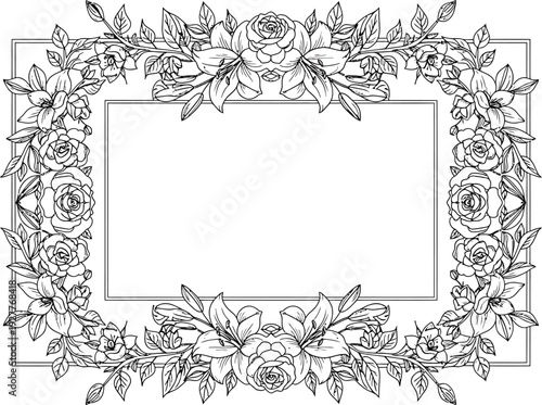 Elegant black and white floral frame with detailed roses and leaves for invitations and cards. Vector