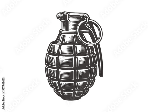 Detailed vintage hand grenade explosive weapon with a metal pin.