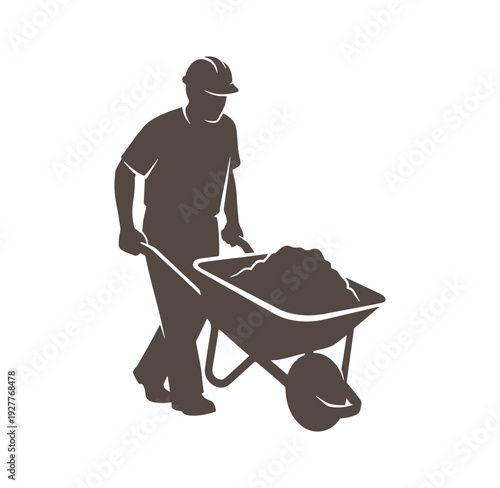 man pushing a wheelbarrow filled with soil in a construction site