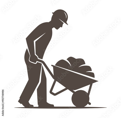 Man pushing a wheelbarrow full of heavy loads in a construction site