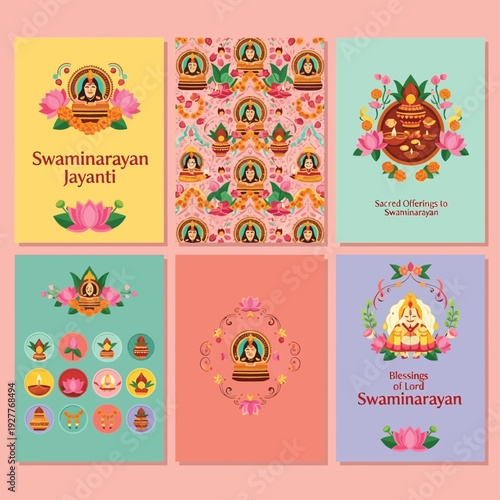 Collection of six colorful greeting cards celebrating Swaminarayan Jayanti with religious iconography and floral motifs.