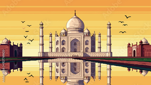 taj mahal monument with reflection at sunset hand drawn illustration with birds and surrounding buildings