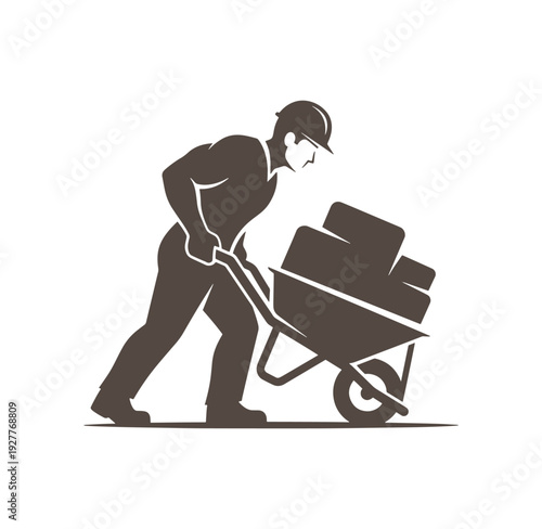 Man pushing a wheelbarrow with bricks on white background