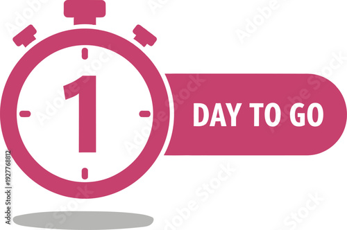 One day to go countdown timer icon with a pink stopwatch and banner for deadlines Vector