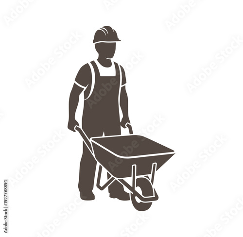 Man wearing a hard hat and overalls pushing a wheelbarrow on white background
