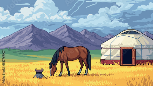 brown horse grazing near Mongolian yurt with mountains and cloudy sky in hand drawn style landscape illustration