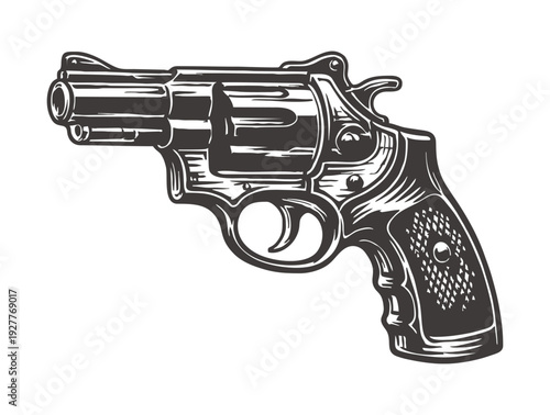 Classic short barrel revolver handgun weapon in black and white.