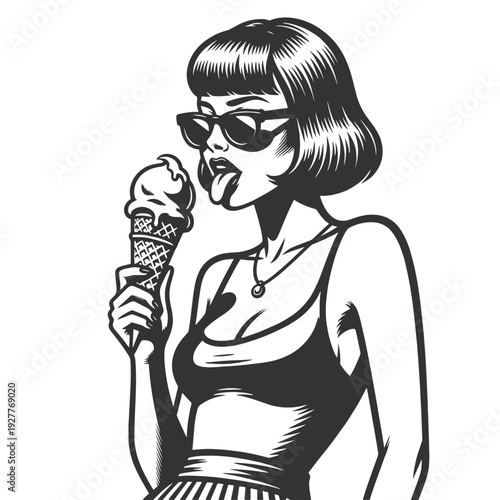 woman with hair bun and round sunglasses licking dripping ice cream cone, summer pinup mood sketch engraving generative ai fictional character vector illustration. Scratch board. Black and white image