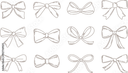 Set of 12 line art bow ties in a minimalist doodle style, perfect for adding a touch of elegance to invitations and crafts