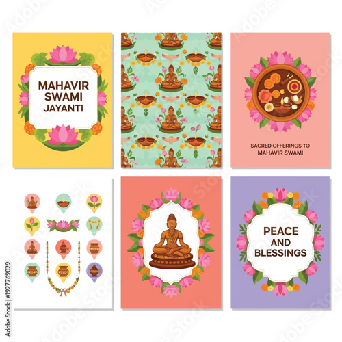 Collection of six square cards celebrating Mahavir Swami Jayanti and Jain religious themes with floral borders and iconography.