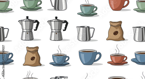 Seamless pattern of coffee making equipment and cups