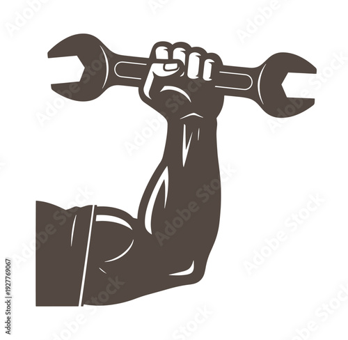 Muscular arm holding adjustable wrench tightly in fist for repair work