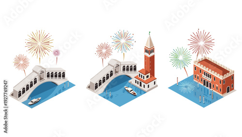 isometric venice landmarks with fireworks hand drawn celebration illustration set