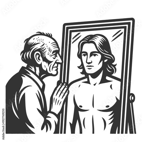 elderly man looking into a mirror and seeing his younger, strong reflection, symbolizing aging, time, memory, and self-reflection sketch engraving generative ai vector illustration. Scratch board. 