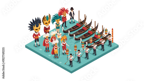 isometric venetian carnival costumes gondoliers and traditional boats hand drawn vector illustration