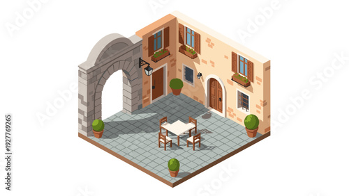 isometric cozy outdoor courtyard with table chairs stone arch and potted plants in mediterranean style