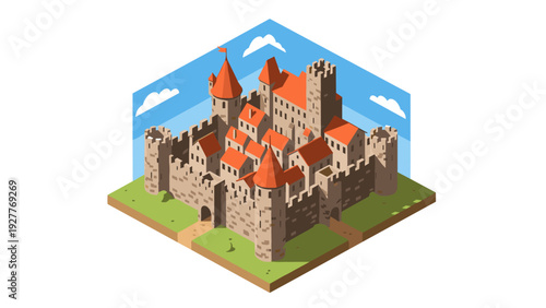 isometric medieval castle with walls towers and red roofs hand drawn vector illustration