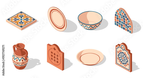 set of hand drawn ceramic kitchenware and decorative tiles in isometric style