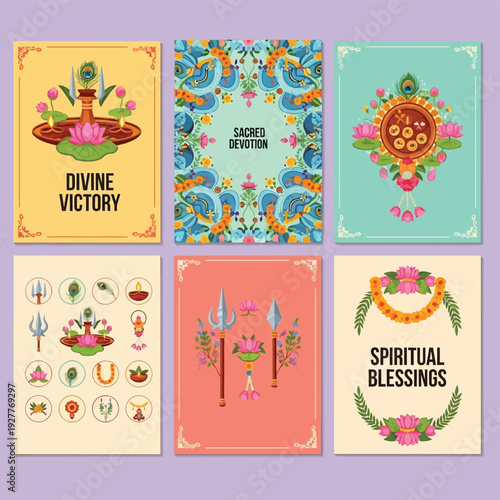A collection of six vibrant Indian cultural and religious-themed greeting cards featuring traditional motifs, symbols, and auspicious imagery.