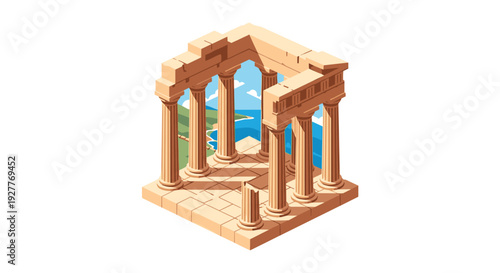 ancient greek temple ruins with columns and scenic sea view hand drawn vector illustration