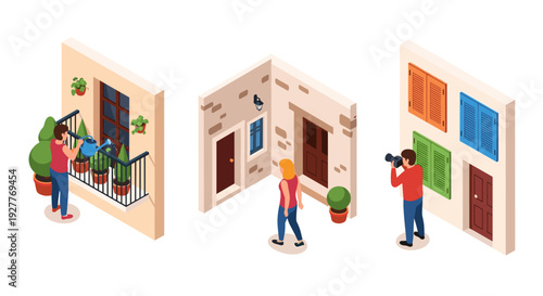 isometric people interacting with building elements hand drawn vector illustration set