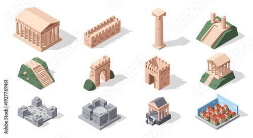 set of ancient building ruins and architectural elements in isometric hand drawn style for historical and educational design