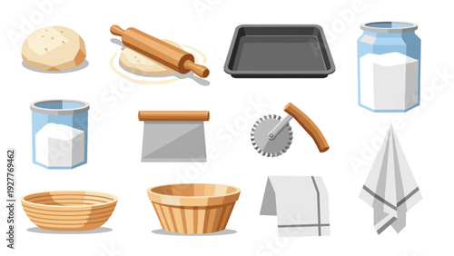 set of baking tools and ingredients with hand drawn style for kitchen and cooking