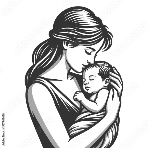 loving mother gently holding and kissing her sleeping newborn baby, intimate motherhood portrait sketch engraving generative ai vector illustration. Scratch board imitation. Black and white image.
