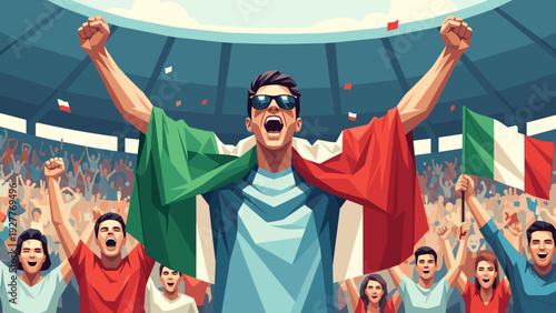 cheering sports fans wrapped in italian flags celebrating victory in stadium modern vector illustration