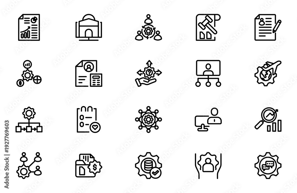 Fototapeta premium Administration and Business Management Line Icon Set for Corporate Office, Teamwork, Human Resources and Company Workflow Outline Vector Collection
