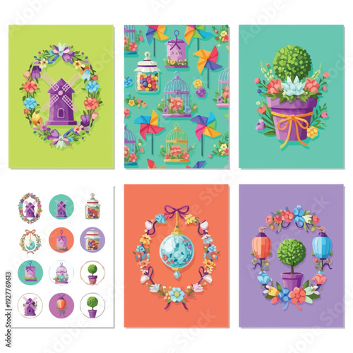 A vibrant collection of six spring-themed illustrations featuring whimsical elements like windmills, birdcages, pinwheels, topiary plants, and decorative wreaths.
