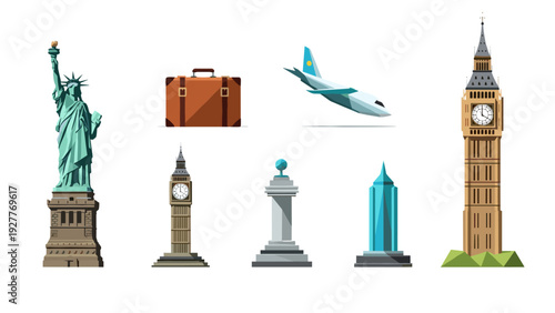 collection of famous world landmarks and travel icons in colorful flat style