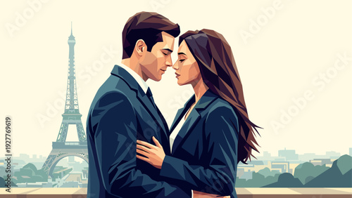 romantic couple embracing near eiffel tower vector illustration with modern geometric style