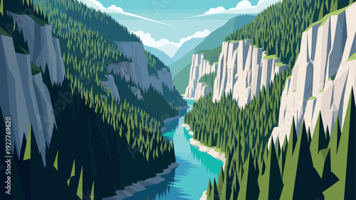 river flowing through scenic mountain valley with cliffs and pine forest hand drawn vector illustration