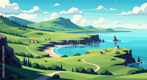 coastal landscape with green hills small houses and cliffside ocean in flat vector style