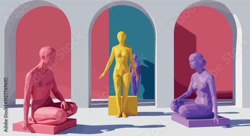 abstract geometric human figures in colorful cubist style in an architectural space digital art