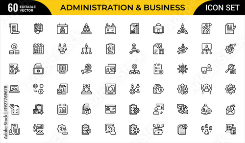Administration and Business Management Line Icon Set for Corporate Office, Teamwork, Human Resources and Company Workflow Outline Vector Collection