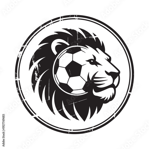 A black and white graphic of a lion s head blended with a soccer ball